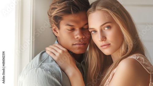 In the comfort of their home, a young couple with different skin tones shares a loving moment.