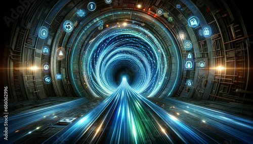 A creative representation of a secure VPN tunnel. The image features a futuristic tunnel, resembling a digital vortex, with swirling patterns of light.