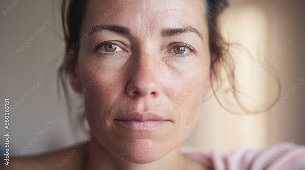 A detailed portrayal of a Caucasian woman's close-up, showcasing her imperfect skin against a neutral studio setting. A detailed portrayal of a Caucasian woman's close-up, showcasing her imperfect skin against a neutral studio setting.