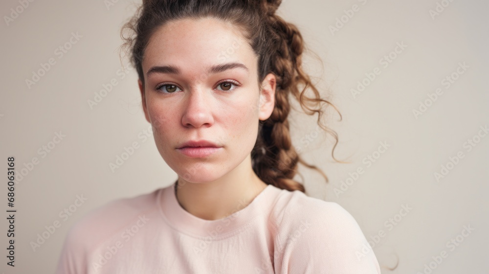 Detailed close-up portrait featuring a Caucasian woman with flaws on her skin, positioned against a studio light beige backdrop. Detailed close-up portrait featuring a Caucasian woman with flaws on her skin, positioned against a studio light beige backdrop.