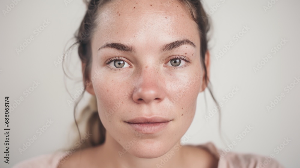 Imperfections are embraced in this close-up of a Caucasian woman, her flawed skin highlighted against a studio light beige background. Imperfections are embraced in this close-up of a Caucasian woman, her flawed skin highlighted against a studio light beige background.