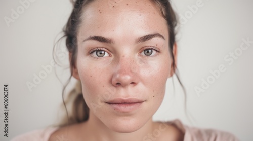 Imperfections are embraced in this close-up of a Caucasian woman, her flawed skin highlighted against a studio light beige background.