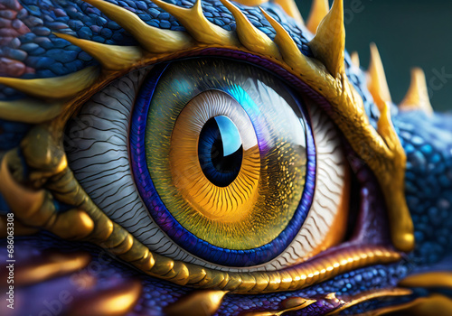 hyper realistic 3d illustration of dragon eye in closeup view