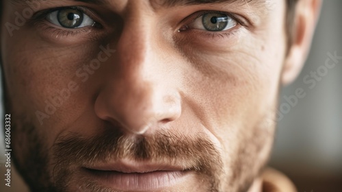 Extreme close-up of a man's gaze fixed on the camera.
