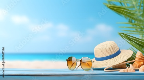 beach accessories on blue pink summer holiday banner copy space.