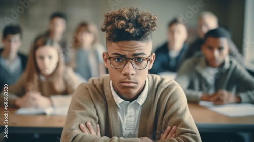 In a quiet classroom setting, a solitary teen boy sits alone at a table, looking sadly at the camera.