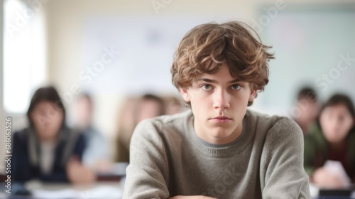 A lone figure in a classroom, a sad teen boy sits at a table, looking at the camera with a sense of melancholy.