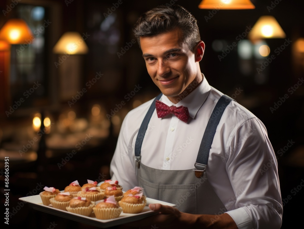 Beautiful waiter holding a tray of appetisers in the background of the restaurant