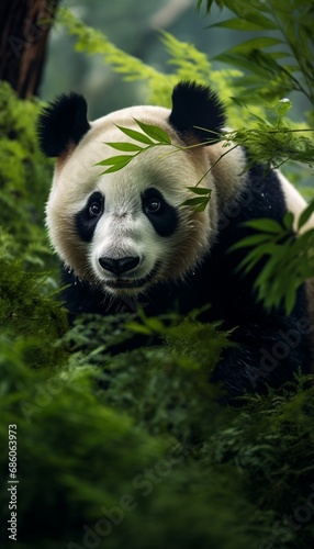 A close-up of a Giant panda peacefully munching on bamboo shoots in a lush forest