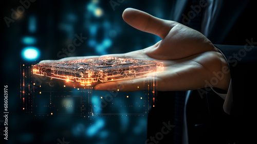 business hand with illustration touch the Futuristic information technology concept Practices seen dark background glowing for digital transformation captivating visuals of hand engage.AI Generative
