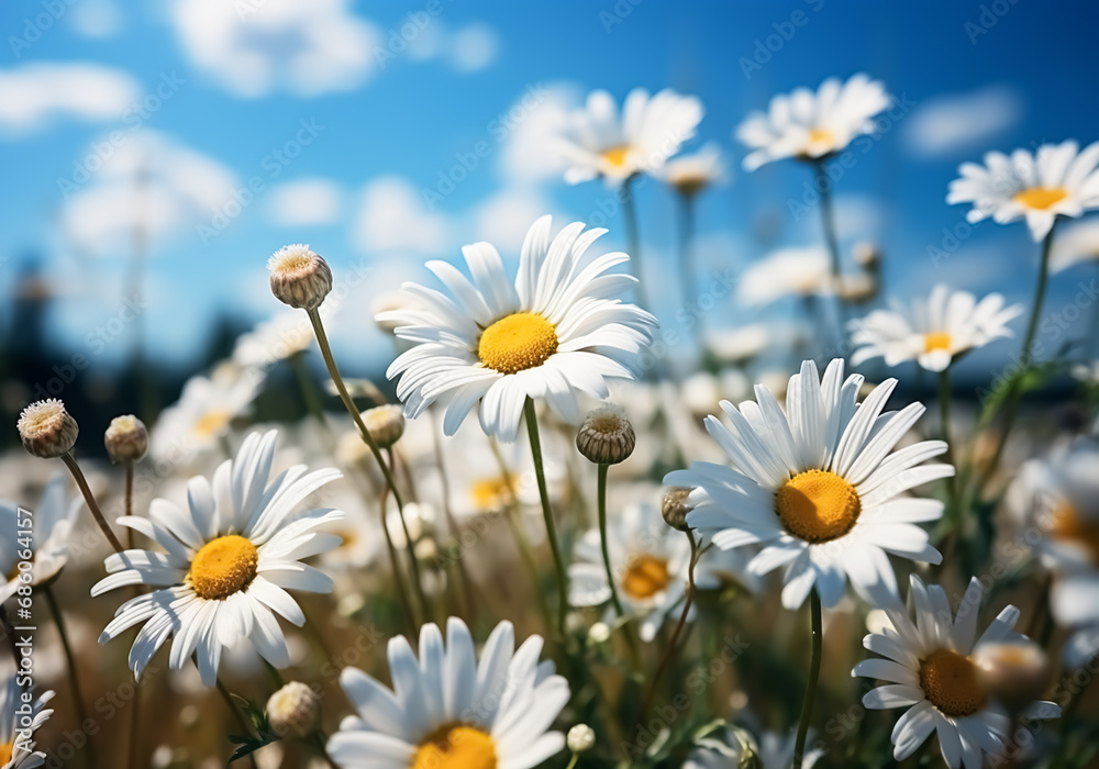 Background of daisies field in spring with blue sky. AI generated