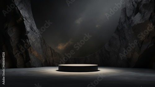 A minimal black dark circle podium, set against a rough surface resembling a rock meteorite mountain. 