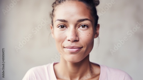 A woman with genuine authenticity gazes at the camera amid a studio's beige light. photo