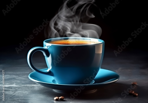 Cup of steaming coffee on dark background. AI generated