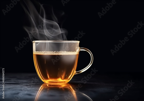 Cup of steaming tea on dark background. AI generated