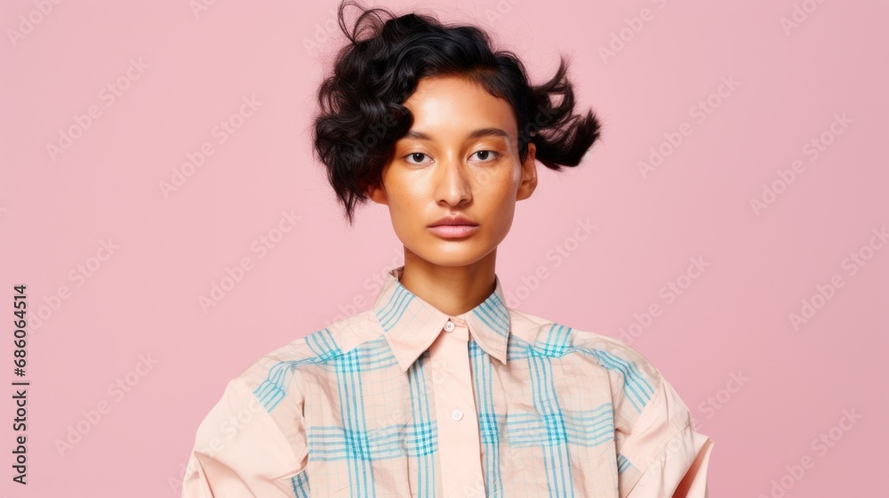 Young Asian woman showcases diverse hairstyle and radiant skin in a studio portrait. Young Asian woman showcases diverse hairstyle and radiant skin in a studio portrait.