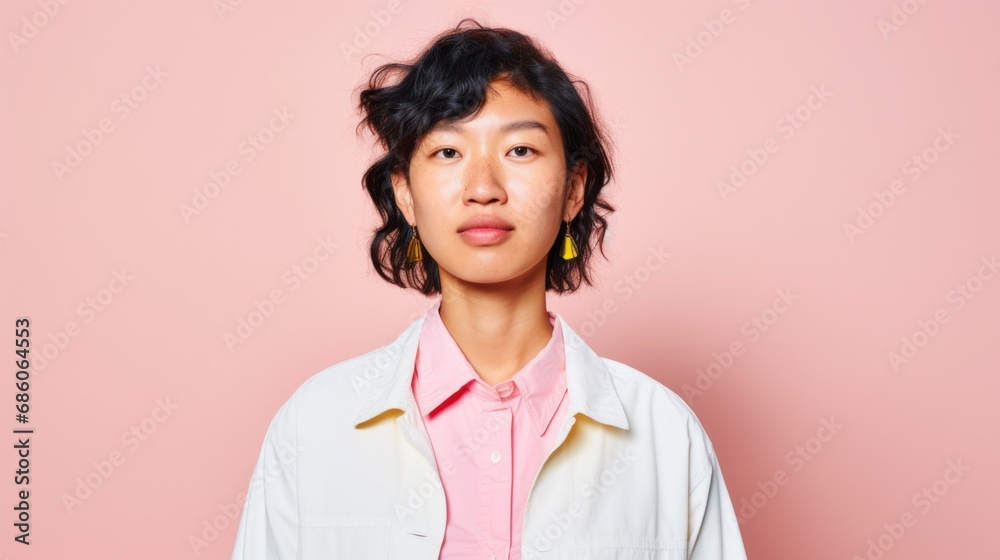 Asian fashionista with stylish hair and makeup poses against a light studio background. Asian fashionista with stylish hair and makeup poses against a light studio background.