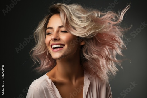 A young girl smiling with her hair developing in the wind photo