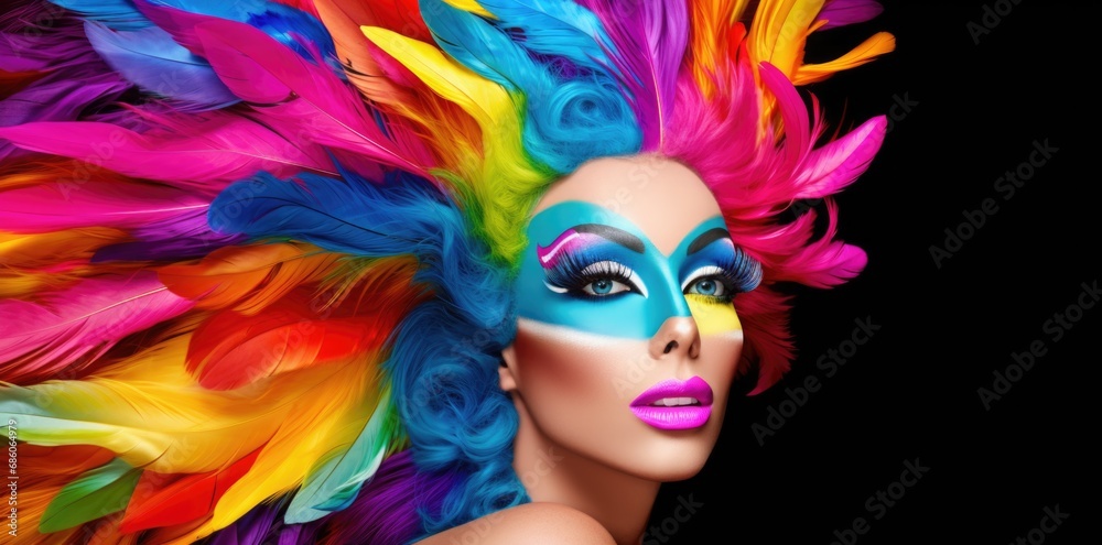 Girl in a carnival costume of coloured feathers and bright make-up on a black background, banner with space for your text