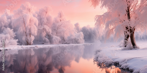 Christmas lace. Winter landscape in pink tones.Mostly calm winter river, surrounded by trees covered with hoarfrost and snow that falls on a beautiful pink morning light. 