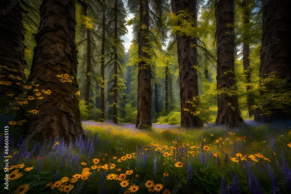 A hidden clearing filled with patches of vibrant wildflowers, creating a kaleidoscope of colors beneath the towering trees.