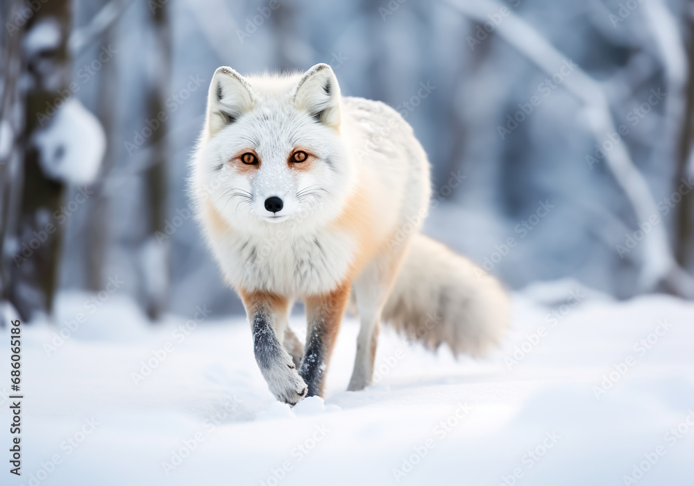 Fototapeta premium White arctic fox walking in the snow. AI generated