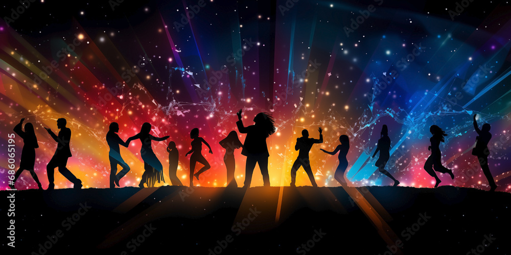 Silhouettes of a group of people dancing with neon lights and stars on dark background. Concept of fun and movement in the city. Feeling of excitement and joy in a vibrant and dynamic setting. Silhouettes of a group of people dancing with neon lights and stars on dark background. Concept of fun and movement in the city. Feeling of excitement and joy in a vibrant and dynamic setting.