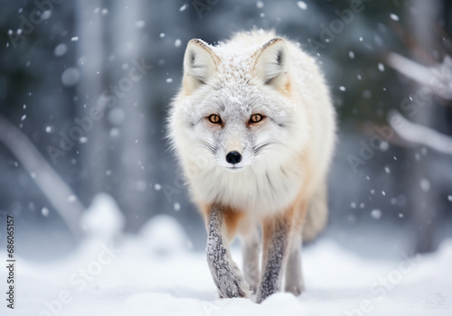 White arctic fox walking in the snow. AI generated © Alicina