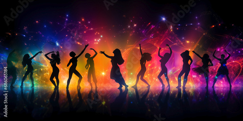 Silhouettes of a group of people dancing with neon lights and stars on dark background. Concept of fun and movement in the city. Feeling of excitement and joy in a vibrant and dynamic setting.