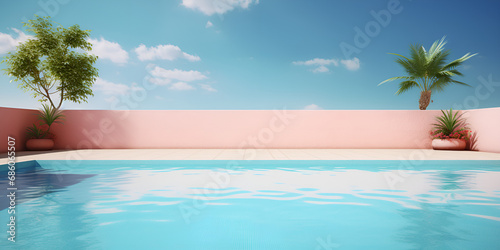 Empty poolside surface with summer travel hotel swimming pool background Pink wall botanical flowers plant architecture. Luxury cozy minimal vibe 3d rendering outdoor swimming pool with beauty sky.