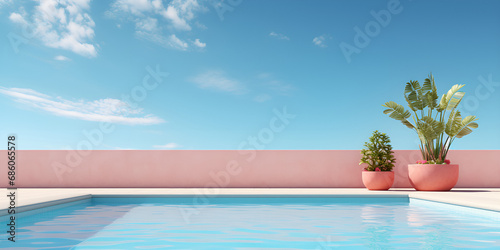 A pink wall with a cloud and two plant on it 3d rendering outdoor swimming pool with beauty sky house with sea view pool and terrace in modern wall botanical flowers plant architecture. 