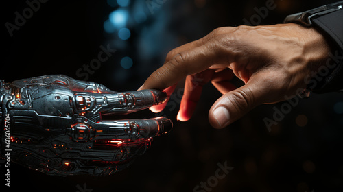 A human finger gently touches the illuminated fingertip of a robotic hand, symbolizing the intersection of humanity and advanced robotics photo