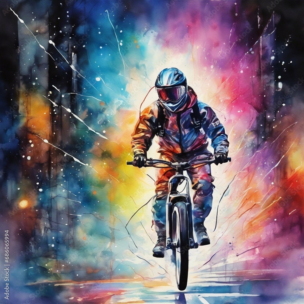 Naklejka premium watercolor of extreme athlete in night city, contemporary intricate art, intense, stylized, detailed, high resolution