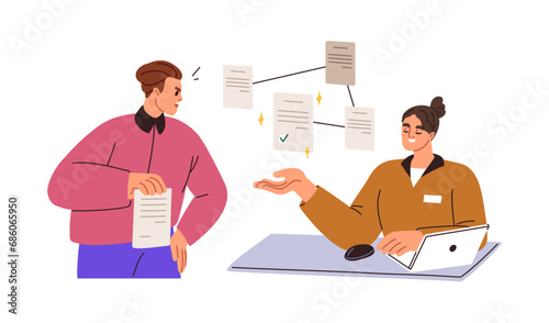Bureaucracy, paperwork concept. Submitting documents to authority. Official worker consulting, explaining how to apply, give application. Flat graphic vector illustration isolated on white background photo
