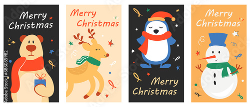 Set of modern hand drawn christmas greeting cards animals and other isolated elements. illustration.