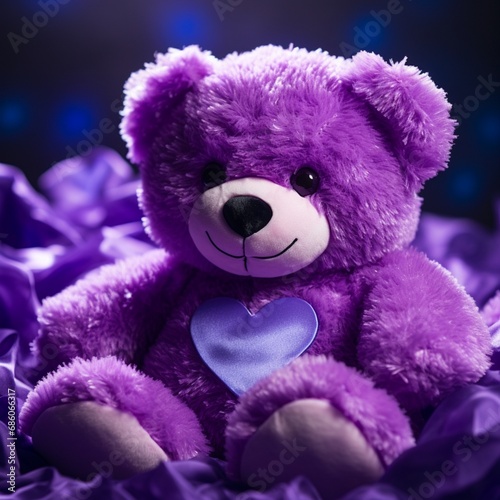A close-up of a plush purple teddy bear embracing a magical purple heart, symbolizing charm and tenderness