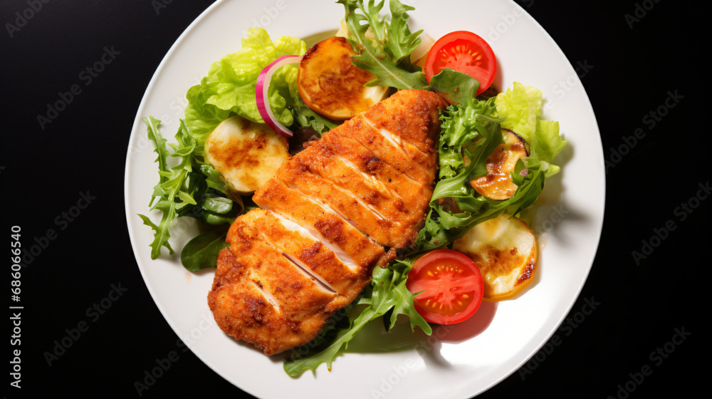 Chicken fillet with salad top view