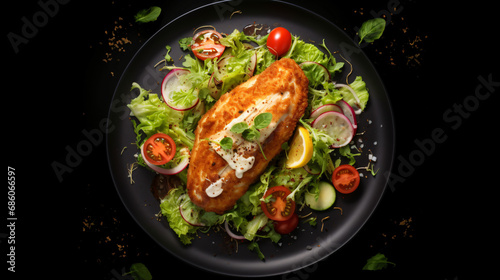 Chicken fillet with salad top view