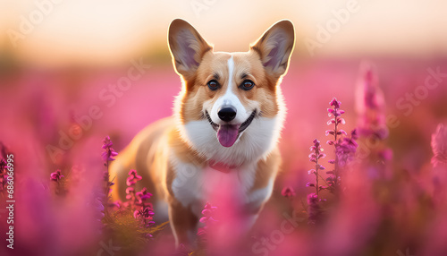 Cheerful corgi dog in field with purple flowers  spring concept