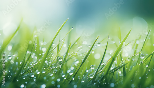 Close-up of grass and raindrops  spring concept
