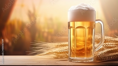 A glass mug with foam, a beer glass and corneal of barley, creating a harmonious composition