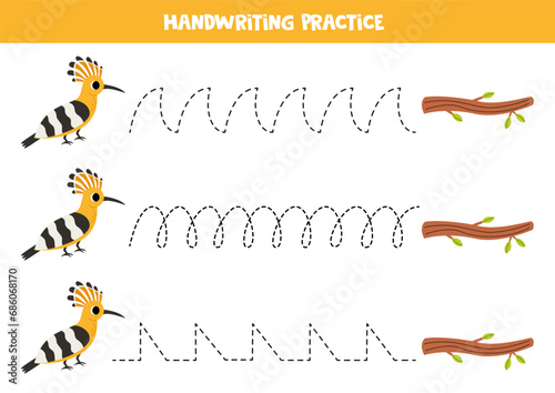 Tracing lines for kids. Cute cartoon hoopoe bird and tree branch. Handwriting practice.