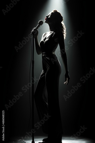 female chanson singer with microphone standing on stage, chiaroscuro, black background, film noir style. generative AI photo