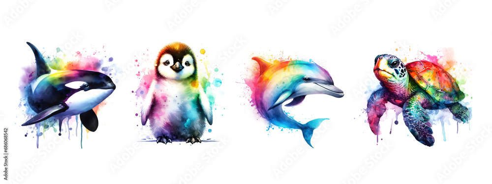Watercolor picture of pinguin, orca, dolphin, turtle. Rainbow color. AI generated - obrazy, fototapety, plakaty 