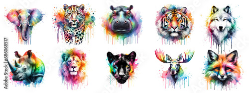 Watercolor picture of elephant, leopard, hippo, tiger, wolf, rhino, lion, puma, moose, fox. Rainbow color. AI generated