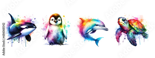 Watercolor picture of pinguin, orca, dolphin, turtle. Rainbow color. AI generated