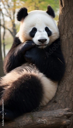 A Giant panda engaging in a grooming session, delicately cleaning its fur with meticulous care