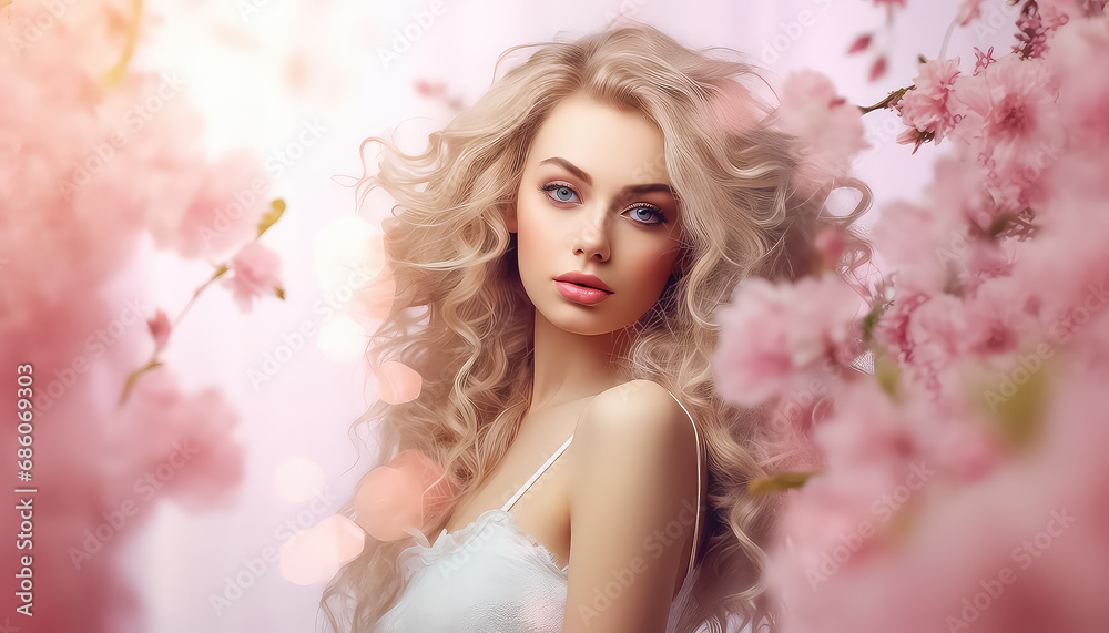 Beauty portrait of woman with flowers on pink background ,spring concept