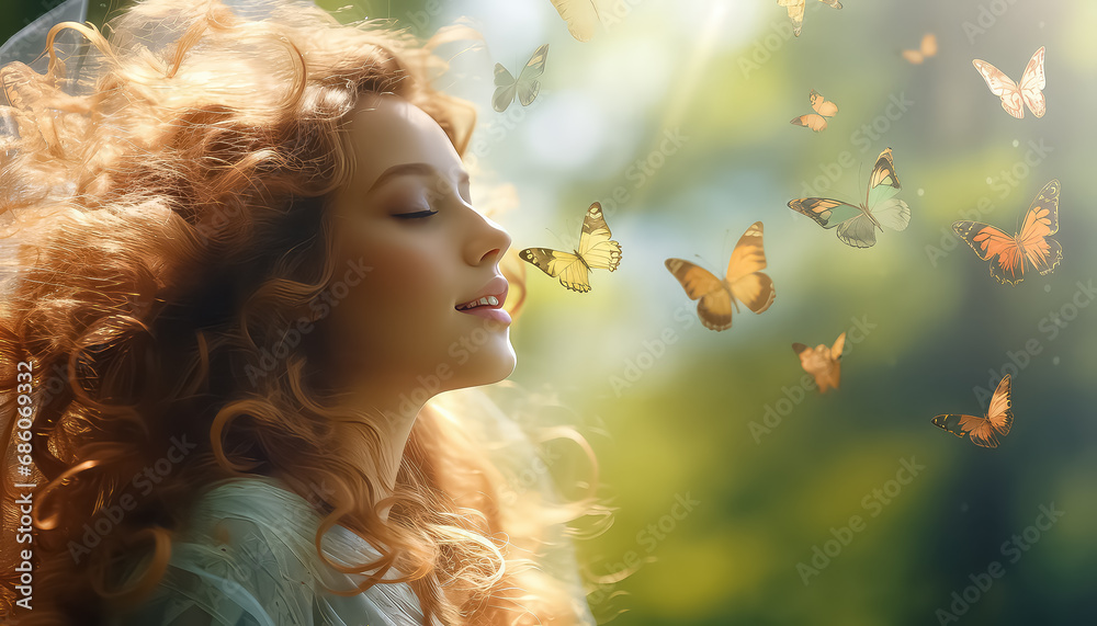 Woman looking at a set of butterflies ,spring concept