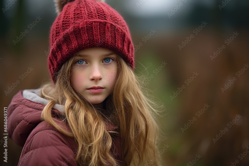 Portrait of a beautiful little girl in a red hat and coat. Portrait of a beautiful little girl in a red hat and coat.